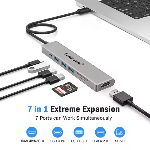 Lemorele TC70 USB C HUB Type C 3.0 Docking Station HDMI 4K@30Hz 100W PD SD/TF Slot Fast Transfer for