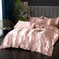 LZD 【4 In 1 Set】Satin Silk 16 Pure Color Bedding Set Ice Silk Quilt Cover Fitted Bedsheet Set Super