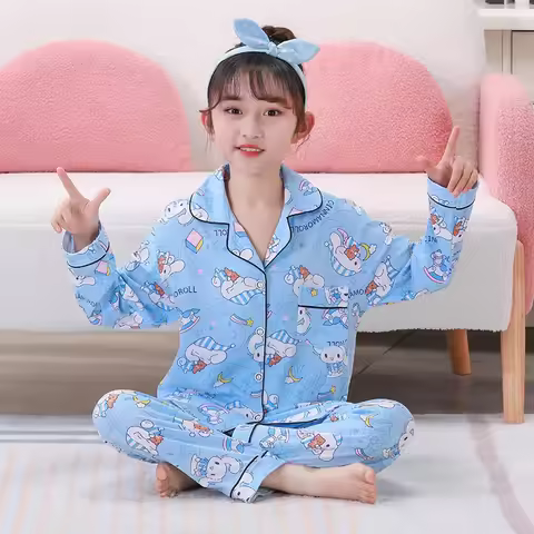 New Hello Kitty Kuromi Children's Pajamas Spring Autumn Girls Boys Kawaii Lapel Long Sleeves Pants C