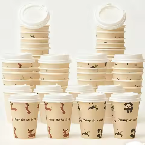 10/12oz Paper Coffee Cups with Lid Cute Panda Puppy Bamboo pulp Cup Hot Drinking Cups for Daily Use 