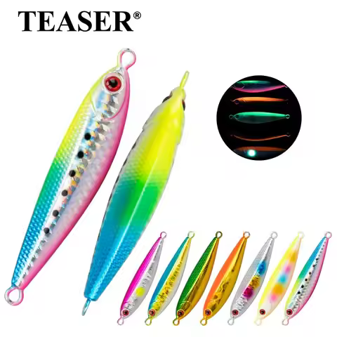 TEASER J122 60g 80g 100g Micro Metal Jigs Bait Slow Sinking Metal Jigging Fishing Lure UV Glow Off S