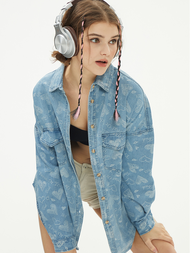 เสื้อแจ็คเก็ตยีนส์ทรงหลวมสำหรับผู้หญิง Darcy Gale Heart Bear Embroidery แขนยาว ปกโปโล สีพื้น ทรงปกติ