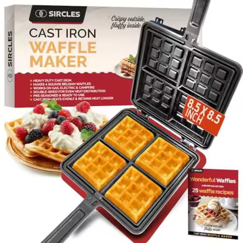 Cast Iron Waffle Maker - Makes 4 Square Belgian Waffles - Non Electric - Heavy Duty - Belgian Waffle