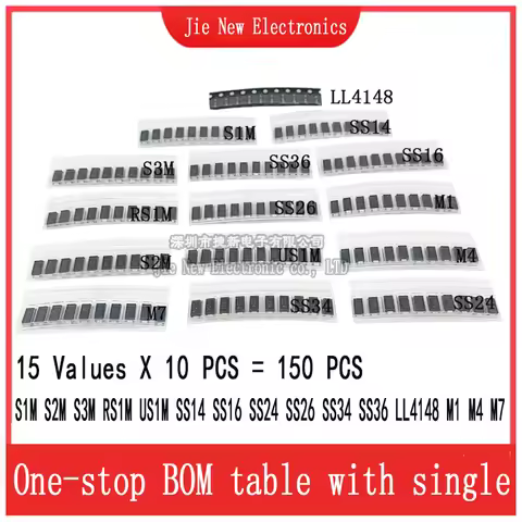 150pcs SMD Fast Switching Schottky Diode Assorted Kit Set M1 M4 M7 S1M S2M S3M SS14 SS16 SS24 SS26 S