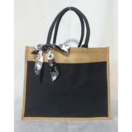 BLACK COLOR JUTE BAG A3 SIZE WITH CANVAS POCKET* Twilly Ribbon * Free Add Name