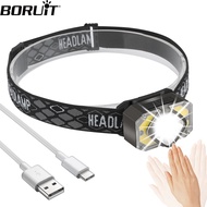 BORUiT LED Motion Sensor Headlamp Type-C Rechargeable Headlight Waterproof Camping Lantern with Hook