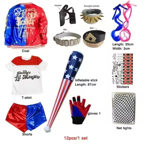 2025 Carnival Suicide Harley Cosplay Costumes Squad Quinn Monster Joker Jacket Suit Tattoo Stickers