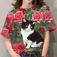 เสื้อยืดผู้หญิงฤดูร้อนสัตว์พิมพ์เสื้อยืดย้อนยุคท็อปส์ซูลำลองสวมใส่เสื้อลายดอกสงกรานต์