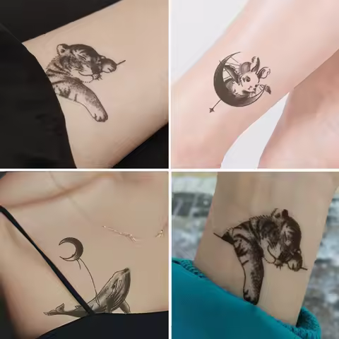1PCS Waterproof Temporary Tattoo Sticker Tiger Moon Whale Flower Pattern Water Transfer Shoulder Bre