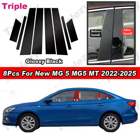 8Pcs For New MG 5 MT MG5 2022-2025 Glossy Piano Black PC Material Car Door Window BC Pillar Post Cov