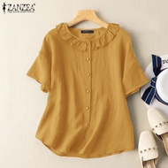 ZANZEA เสื้อผู้หญิงผ้าฝ้ายฤดูร้อนแขนสั้นนัวเนียคอกลมปุ่มลงเสื้อเสื้อ #2