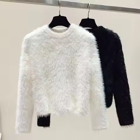 Fuzzy Sweater Pullover Women Soft Plush Solid Color Simple Sweater White Mink Fur Sweet Loose-Fit Wa