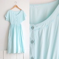 春夏日系昭和風復古花朵刺繡圓領棉質水藍色短袖古著洋裝