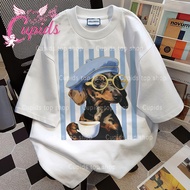 Cupids French Dachshund Beret Coffee Graphic Oversize Trendy Fashion Tee