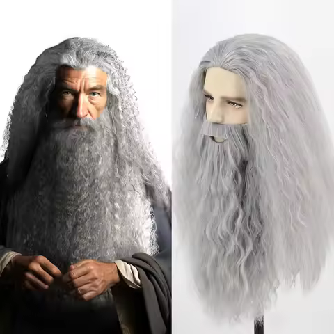 Gandalf Cosplay Wig Men Wig and Beard Set Long Gray Cosplay Synthetic Wizard Wig The Hobbit Gandalf 