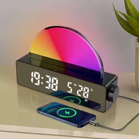 New RGB Color Changing LED Mirror Digital Desk Clock Sunrise Wake Up Light Alarm Clock for Bedroom S