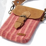 手工編織布手機套 收納袋 票夾 悠遊卡套 側背包-麂皮真皮粉條紋