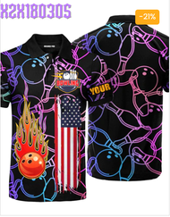 American Flag Fire Bowling Custom Name Polo Shirt For Men &amp; Women PN1706