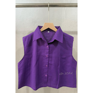 SSL02 เสื้อเชิ้ตผู้หญิงแขนกุดคอปก กระดุม ผ้าลินิน สีสด ซัมเมอร์ ใส่สบาย