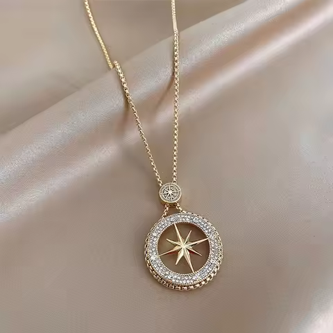Gold Plated North Star Compass Necklace, Crystal Pave Star Pendant Necklace, Women's Fashion Lucky J