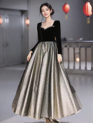 ชุดราตรีสีดำหรูหรา Hebe Velvet Long Sleeve Hostess Evening Gown ชุดการแสดงที่สวยงามและสง่างามสำหรับผ
