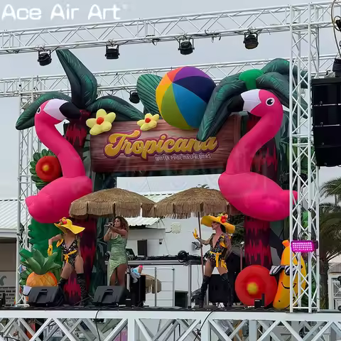 Popular Outdoor Party Decor Custom Logo Inflatable Flamingo Archway with Beach Balls and Tropical Fr