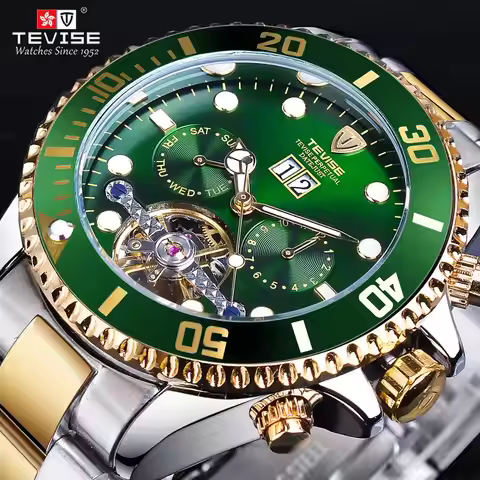 TEVISE Top Brand Luxury Tourbillion Green Dial Golden Stainless Steel Mens Business Sport Design Men
