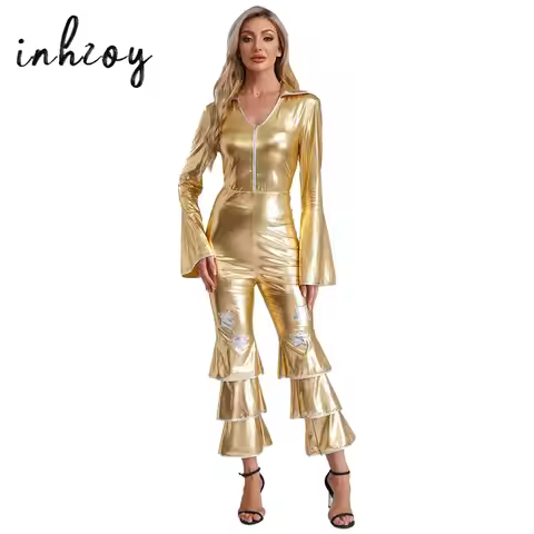 Women Retro 70s 80s Disco Dance Jumpsuit Sparkly Metallic Bodysuit One Piece Long Sleeve Flared Carn