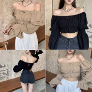 Beautifultime Áo Hở Eo Thời Trang Cho Nữ Áo Thun Ngắn Hở Lưng Trễ Vai Dài Tay Phồng Màu Trơn