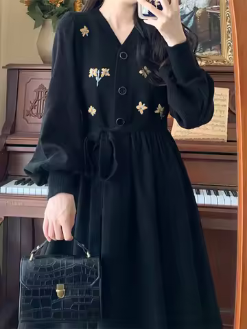 Autumn Long Dr Women's New 2024 Ele Slimming Hepburn Sle Little Bla Dr High Waist Dstring Warmth Ret