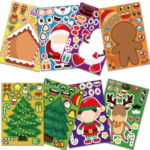 Xmas Cartoon Character Swap Face Stickers 8 Sheets Creative Collage Materials for Daily Item Decor R