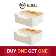 (Buy 1 Get 1) Citylife Bamboo Wood Tissue Box Organizer With/Without Phone Holder Stationary Remote Control Compartments