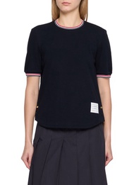 THOM BROWNE STRIPED TRIM CURVED HEM COTTON T-SHIRT