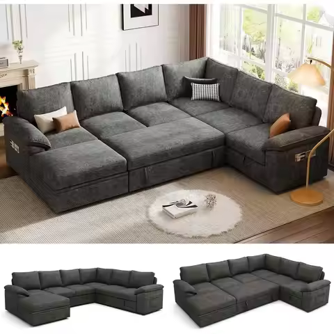 108 Sectional Sofa with Pull-Out Bed, 7-Seat Storage Couch, Cloud-Shaped, Removable Cover, Grey