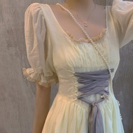Super Fairy Princess Dress court Hepburn French square neck bubble sleeve bandage dress