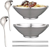 UPTALY 2 Sets Large 1470 ml Japanese Noodle Bowls (24cm x 8.5cm), with Matching Spoons and Chopsticks, 18/10 Stainless Steel Ramen Bowl, Big Pho Bowls, Asian Soup Bowls, Thicken Udon Bowl