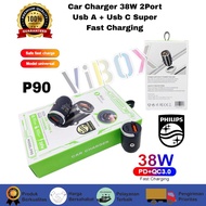 Philips Car Charger P-90 38w Car Charger Adapter 2 Port USB A + USB C PD Smart Power Car [GLX]