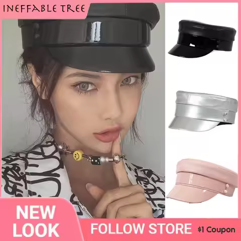 Punk Brand England Leather Flat Militray Hat Navy Hat for Women Female PU Black Flatoctagonal Caps G