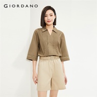 GIORDANO ผู้หญิง เสื้อเชิ้ตผ้าฝ้าย 100% เสื้อเชิ้ต Poplin จีบแขน 3/4 คอวีเสื้อเชิ้ตแฟชั่นพื้นฐานเรีย