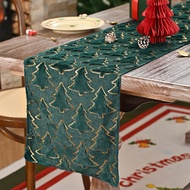 Christmas Tree Table Runner Plush Embroidered Green Christmas Tablecloth Christmas Decorative Table 