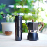 (สีดำ) ชุดหม้อต้มกาแฟสด มอคค่าพอท moka pot 3cup + เครื่องบดเมล็ดกาแฟ มือหมุน