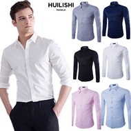HUILISHI 7 COLOR Classic Korean Plain Long Sleeve Shirt Men's POLO Suitable for Office Wedding