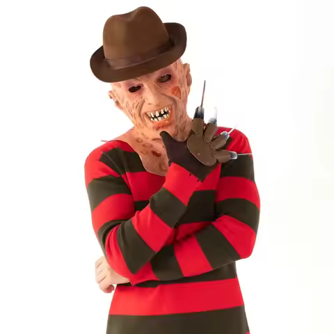 Freddy Krueger Cosplay Costume Adult Sweater Red Striped Knitting Top Coat Hat Mask Freddie Krueger 