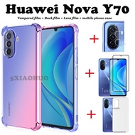 (4in1) Huawei Y5P Y6P Y7P / Huawei Nova Y90 Y70 7 7i anti-fall color mobile phone case + HD full-screen tempered glass film + carbon fiber back film + lens Film