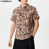INCERUN Mens Retro Short Sleeve Floral Print Shirts Casual Cotton Linen Crew Neck Polo Shirt for Men