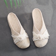 Summer slippers for women, old Beijing cloth shoes, ethnic style, linen flat-soled, open-toed, fairy