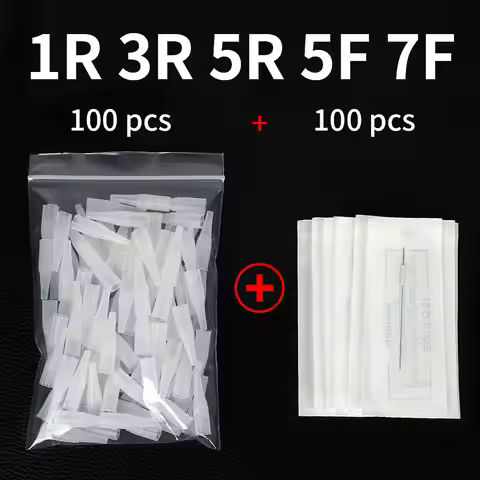 100PCS 1R 3R 5R 5F 7F Tattoo Needles+100Pcs Needle Cap Tips Disposable Microblading for Permanent Ma