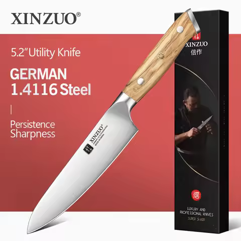 XINZUO 5.2-inch German-style Utility Knife, crafted from DIN 1.4116 steel, with a cutting force of 6
