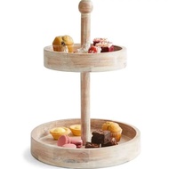 2 Tier Rimmed Pillar Serving Stand Acacia Wood Stand Holder Tower Serving Stand