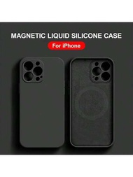 黑色豪華磁力液體矽膠無線充電殼,適用於apple Iphone 15 14 13 12 11 Pro Max鏡頭保護手機背蓋x Xs Max Xr 12 13 Mini 14 Plus柔軟矽膠簡單套,附件